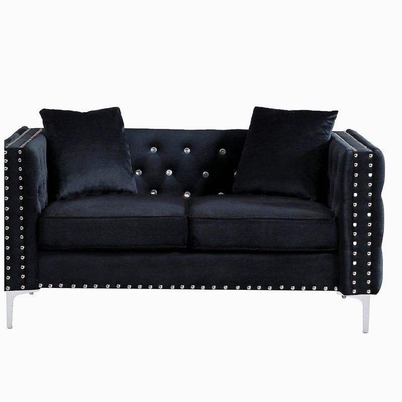 Canapé en velours noir 59,4 pouces de largeur avec boutons ornés de bijoux, accoudoirs carrés, 2 coussins
