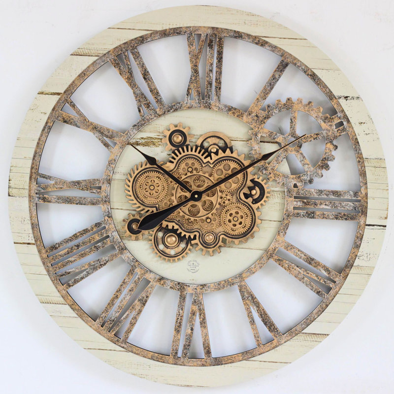 Wall Clock 36" Round Oversized for Living Room decor with Real Moving Gears America Collection, Brown/Beige