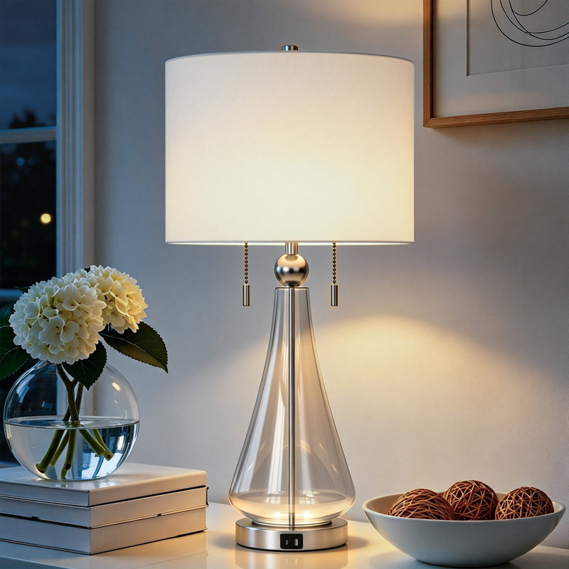  Aadyn 28" Modern Glam Glass Table Lamp USB Charging Pull Chain Soft Lighting for Bedroom Living Room, Polished Nickel