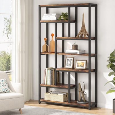 Extra Tall 7-Tier Industrial Vintage Rustic Brown Etagere Bookcase with 10 Shelves for Organized Living Spaces