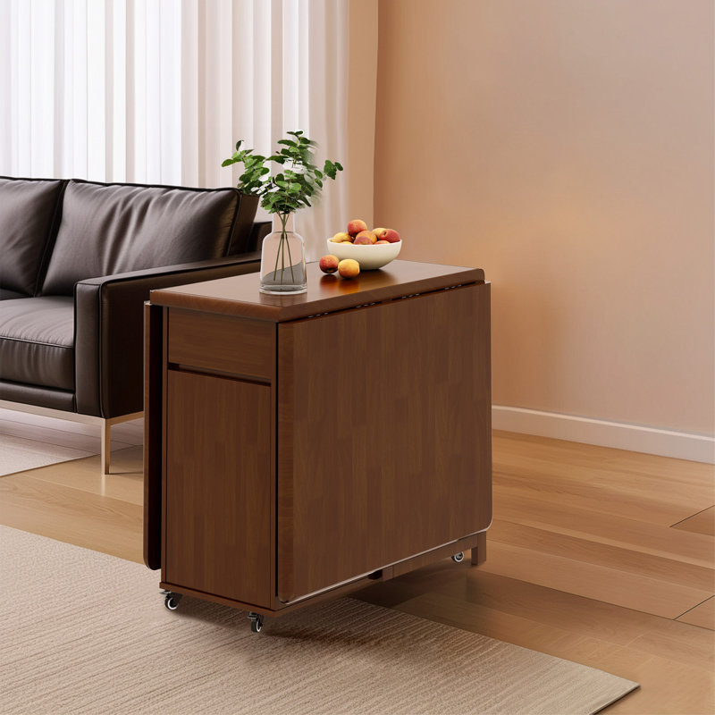 Retro Style Folding Dining Table with Wheels & Storage, 1.3m & 1.5m Walnut, 4-6 Seater Movable Kitchen Table for Small Spaces, Flats, Living Rooms Fully Assembled, No Assembly Required.(Single Dining Table)