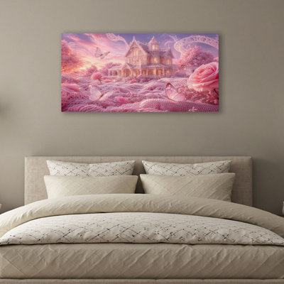 Canvas Wall Art Victorian Lace Style House Fantasy Pink Landscape Butterflies Roses Wall Decor for Living Room Bathroom Bedroom Office 20"H x 40"W Art Paintings, Ready to Hang