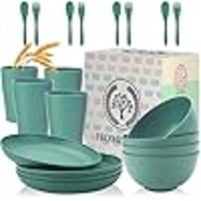 Ensembles de vaisselle en paille de blé, 20 pièces de vaisselle incassable au micro-ondes allant au lave-vaisselle Bols, tasses et assiettes légers