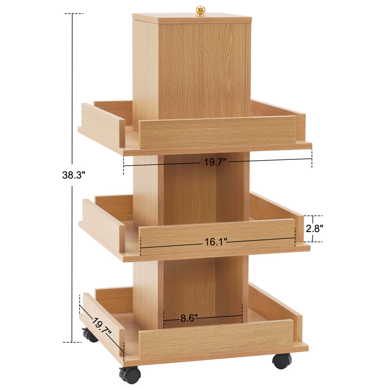 Utility Cart with Shelf and Universal Wheels, 3-Tier Tool Storage Trolley, Oak