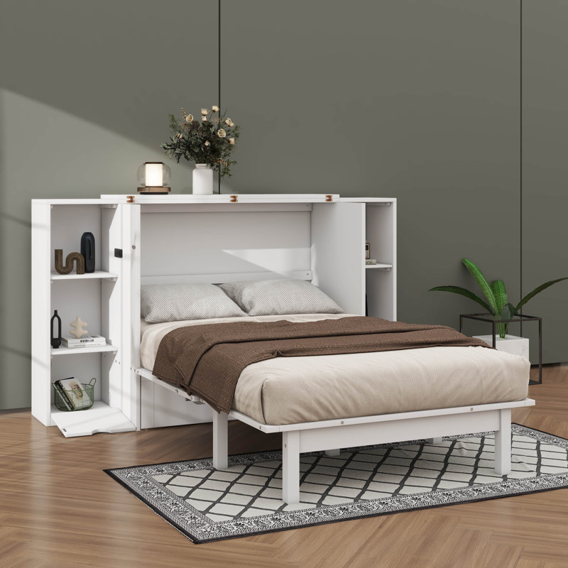Spacious Queen-Size Murphy Bed Comprising Shelving Drawers And A USB Charging Hub, White