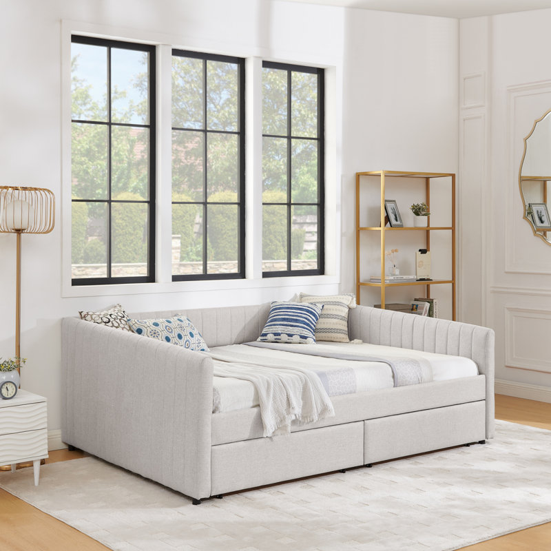 Queen Size Daybed With Two Drawers Trundle Upholstered Sofa Bed, With Vertical Stripes, Linen Fabric, Beige (86.5"X65"X30")
