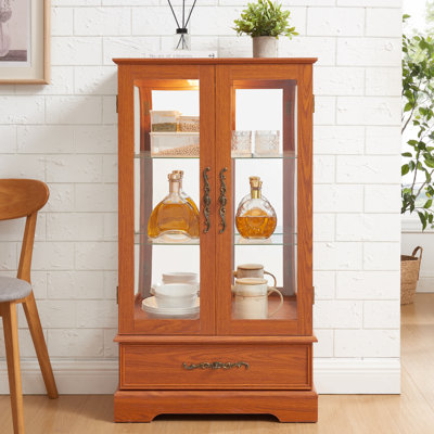Lighted Glass Curio Cabinet With Adjustable Shelves - Elegant 2-Door Display Cabinet & Built-In Drawer, Includes Bulb -DARK OAK