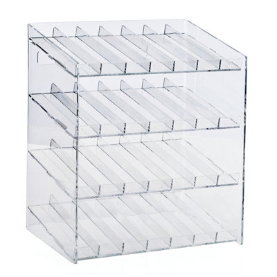 Présentoir à quatre niveaux et 28 compartiments (7 compartiments par niveau). Dimensions : 30,5 cm (L) x 21,5 cm (P) x 37 cm (H).