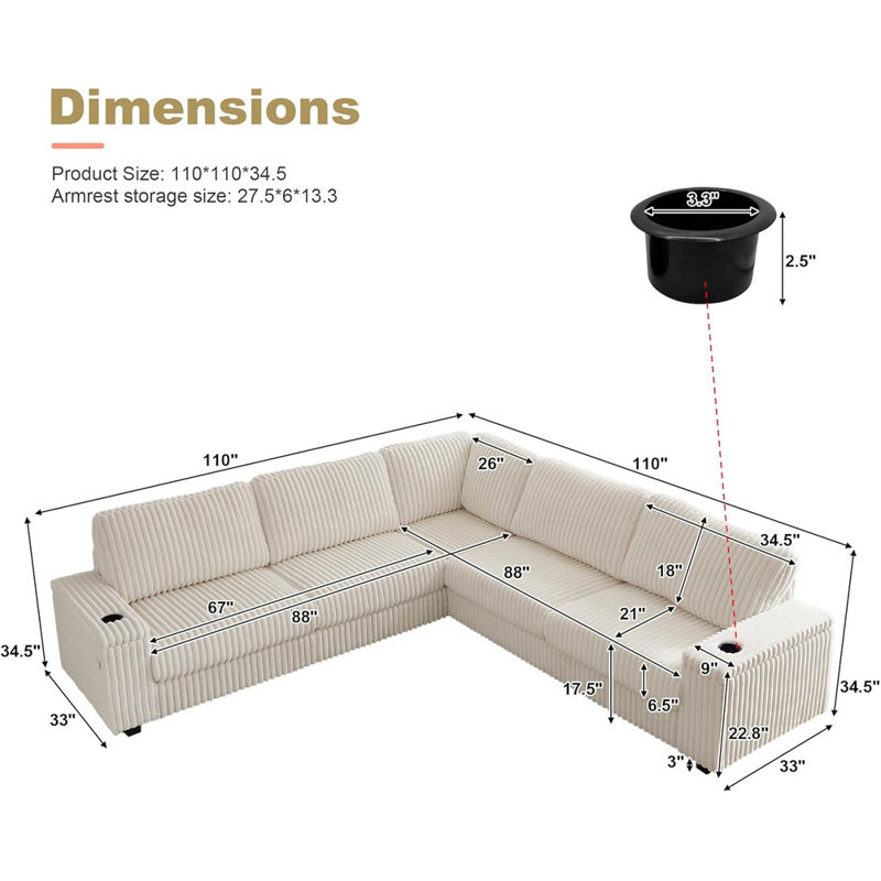 110" Oversized Corduroy Corner Sofa,L-Shaped Setioanl Couch with Storage Spaces,Corduroy Fabric, Beige Corduroy