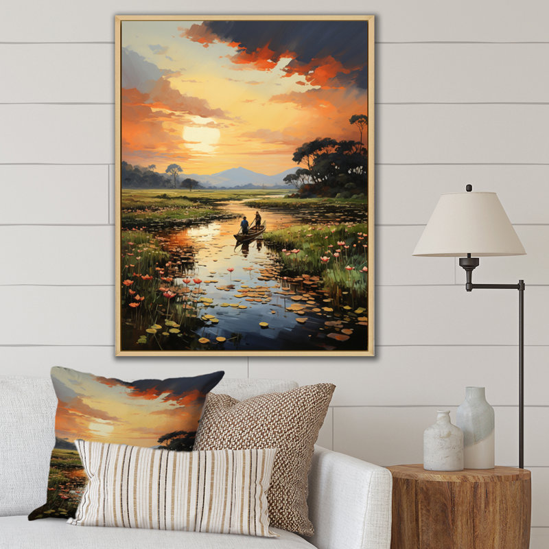 Vietnam River Delta Sunset II sur impression sur toile, Cadre naturel flottant, H 32 po x l 16 po x P 1 po