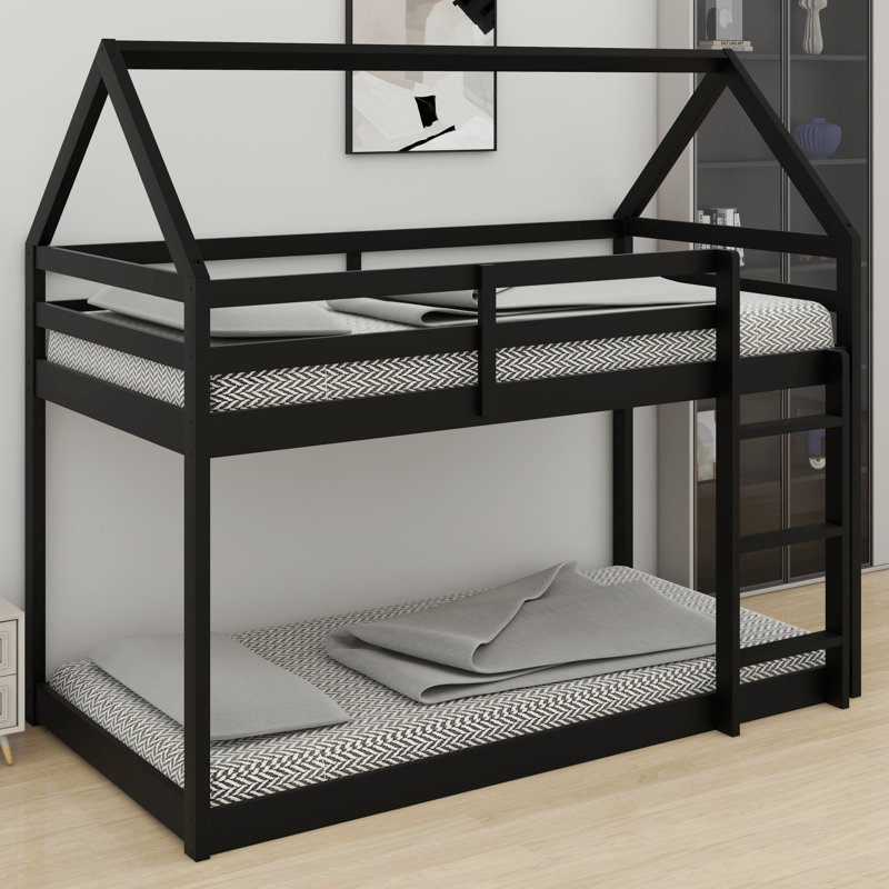 House-Shaped Wood Floor Bunk Bed with Ladder & Guardrails, Pink