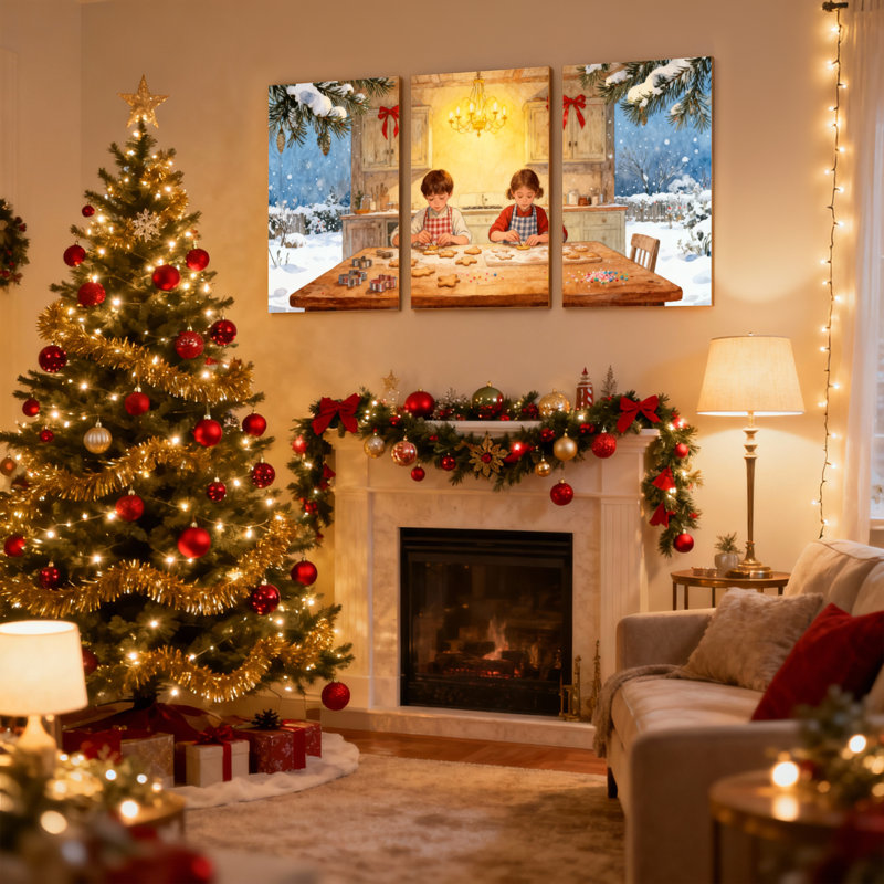 Enfants de Noël, cuisson de biscuits en hiver, ensemble de 3 impressions sur toile, H 18 po x l 36 po