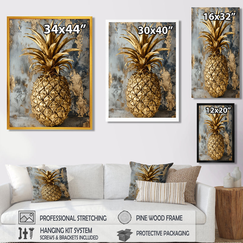 Golden Glam Pineapple - Ananas, art mural, Toile tendue, H 40 po x l 30 po x P 1,5 po