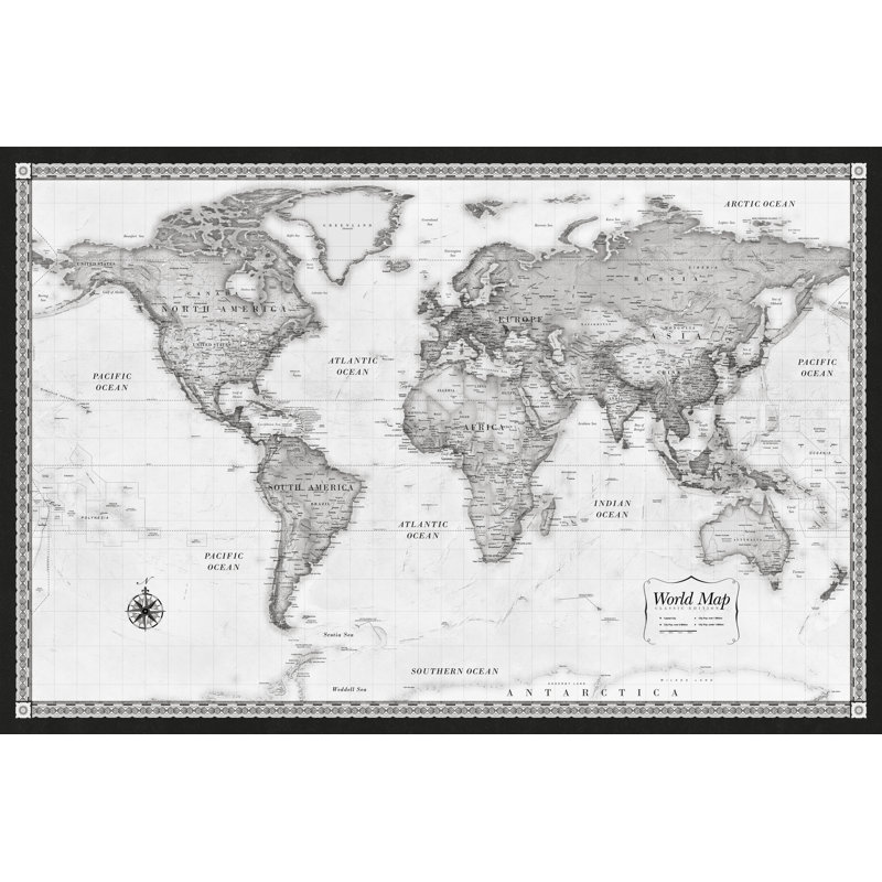 Classic Black And White World Map - Wrapped Canvas Print, 20cm H x 30cm W x 3.8cm D