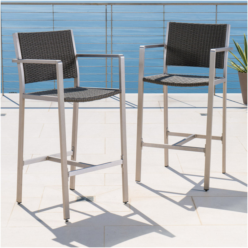 Outdoor 29.50" Rust-Proof Aluminum Barstools With PE Rattan Seat And Backrest, Set Of 2, Silver & Grey, Black