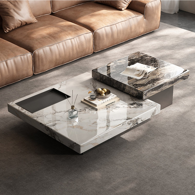 Table basse carrée en marbre italien, H 19,69 po x l 59,06 po x P 35,43 po, Blanc/Noir
