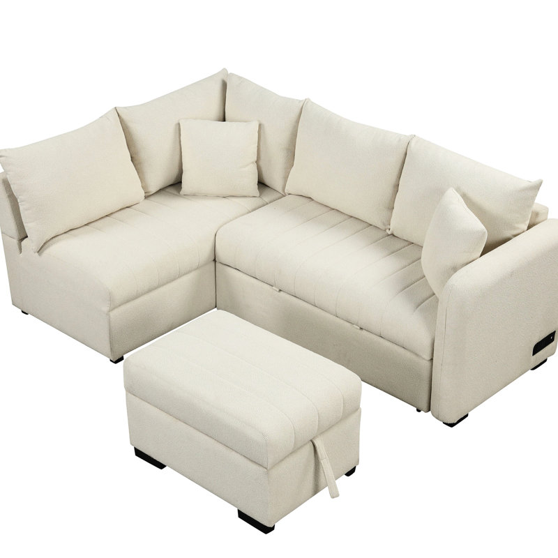 Lit escamotable beige avec prises de courant, rangement et coussins amovibles