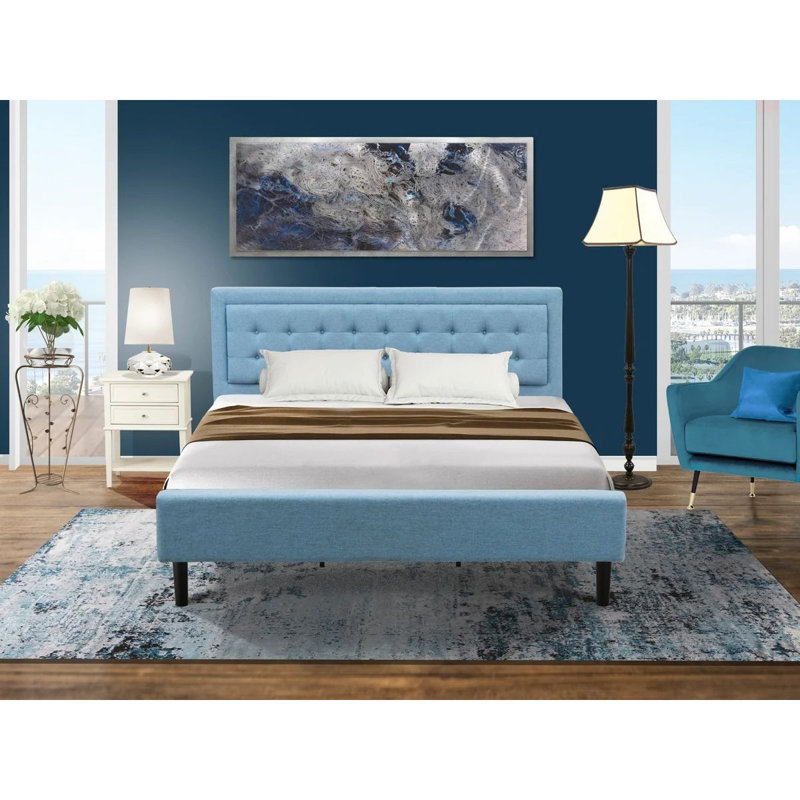 Ensemble de lit plateforme 2 pièces avec 1 très grand lit et une petite table de chevet - Fabrication fiable et durable - Tissu en lin bleu denim