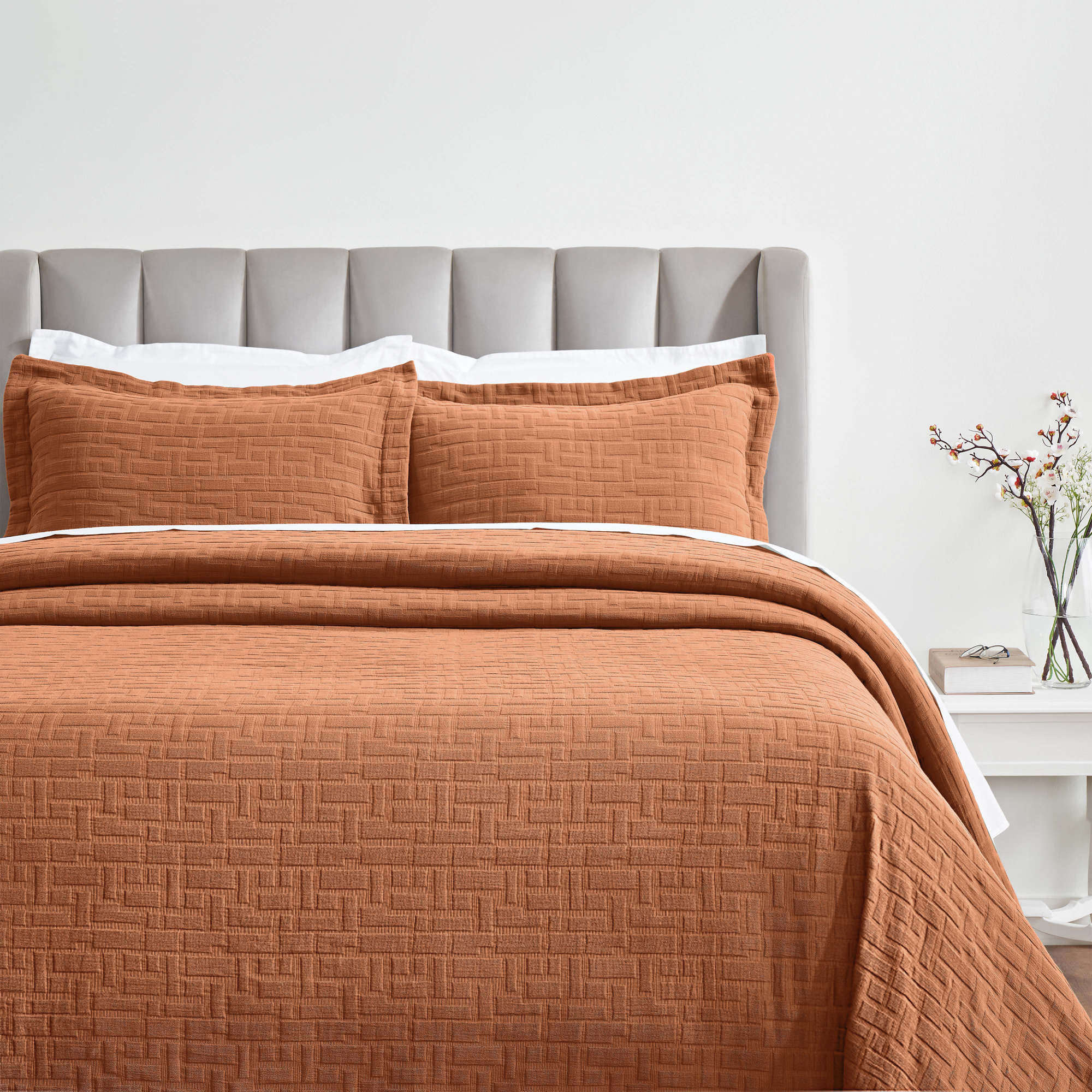 Madrid Cotton Medium Weight Geometric Matelasse Bedspread And Sham Set, Burnt Orange, Full Bedspread + 2 Standard Shams