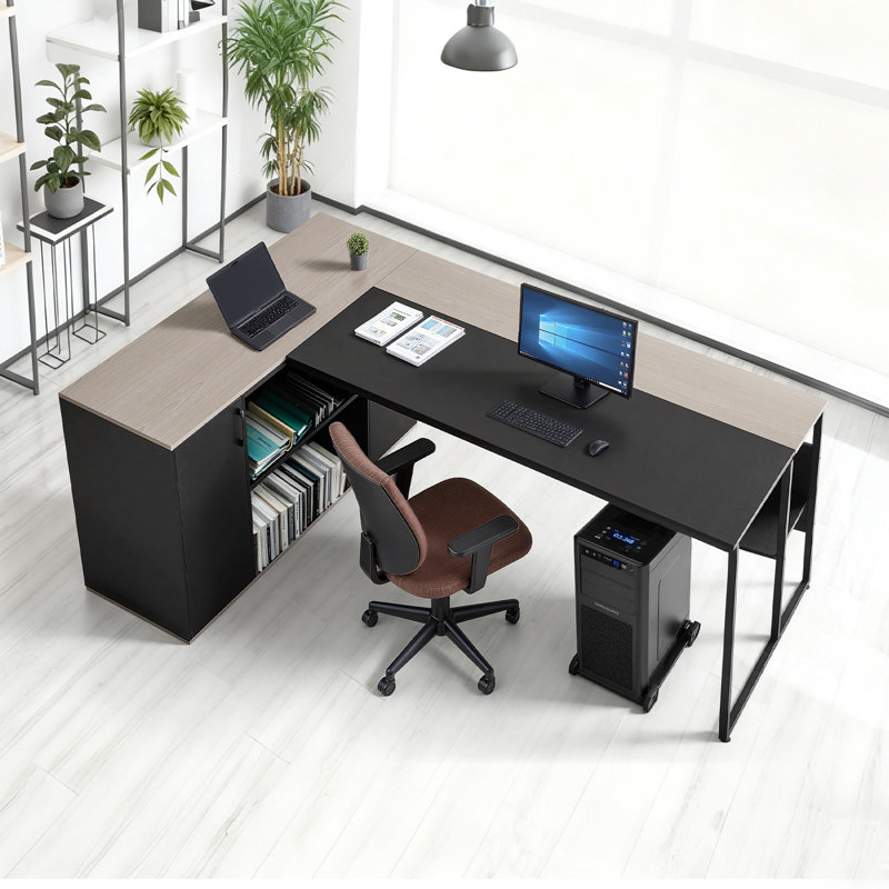 Bureau de direction en L, grande table de bureau moderne avec tiroirs et armoire de rangement, table de direction en bois robuste avec support pour unité centrale, capacité de charge de 350 lb, assemblage facile, pour une étude de travail