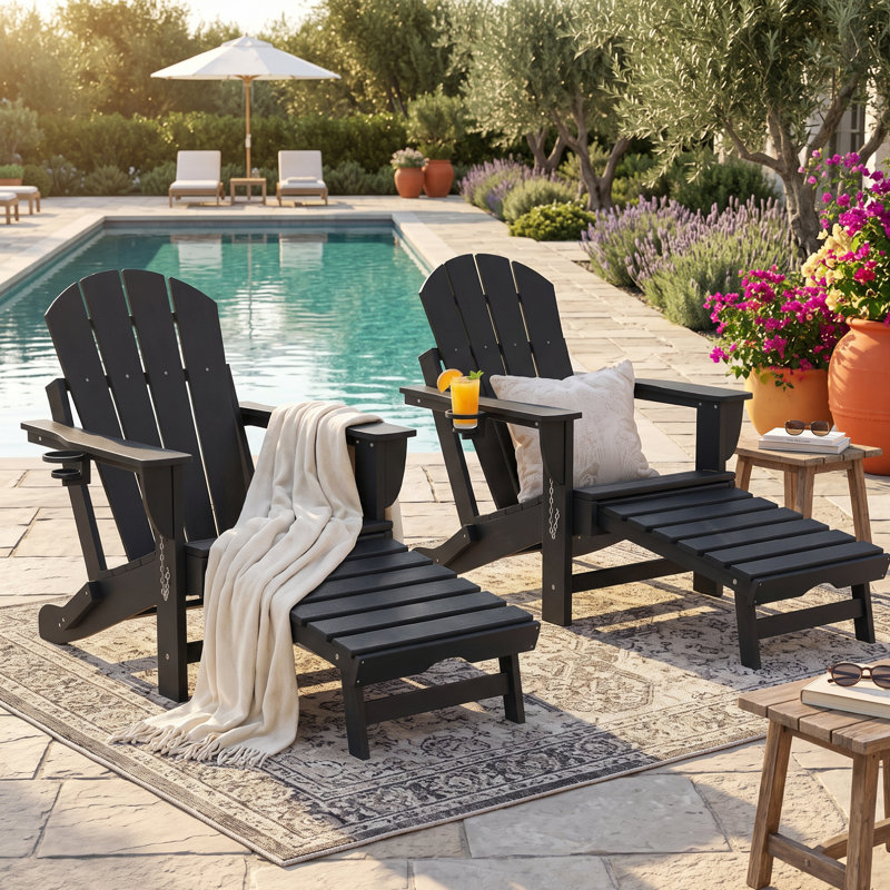Chaise pliante Adirondack, ensemble de 2, foyer d'extérieur en PEHD avec porte-gobelet, Black