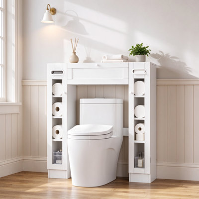 Short Over the Toilet Storage Cabinet with Doors, Adjustable Shelves and Built-In Paper Holder for Small Bathrooms
