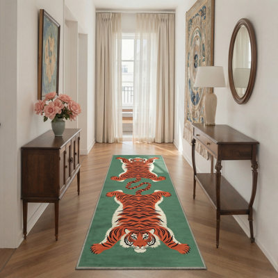 Tapis vert / orange lavable à la machine avec envers antidérapant Kai Emerald Jungle Tiger