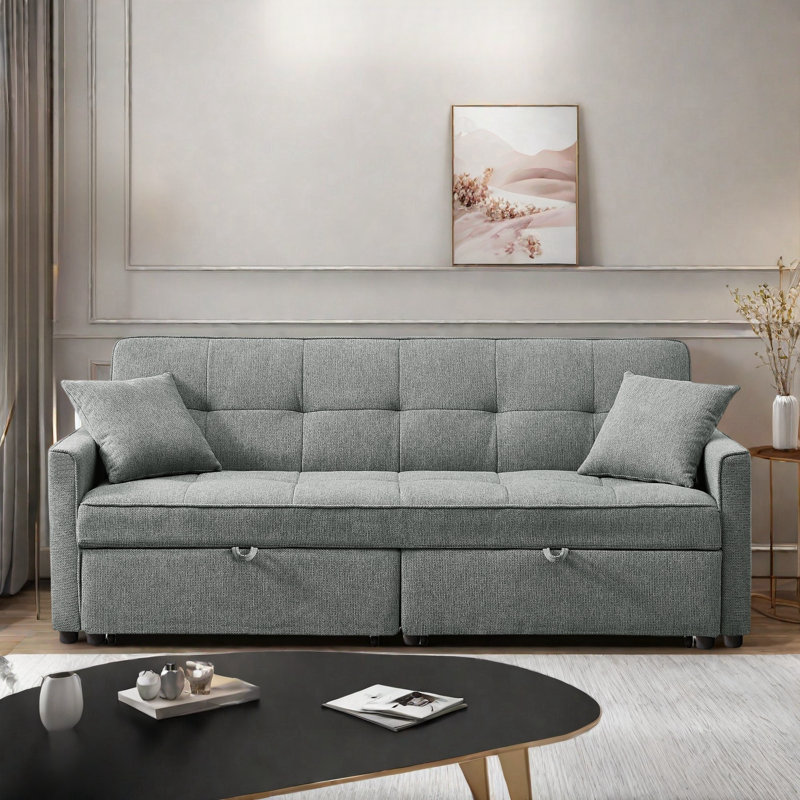 3 In 1 Convertible Sleeper Sofa Bed With Reclining Backrest, Pillows And Side Pockets, Gray
