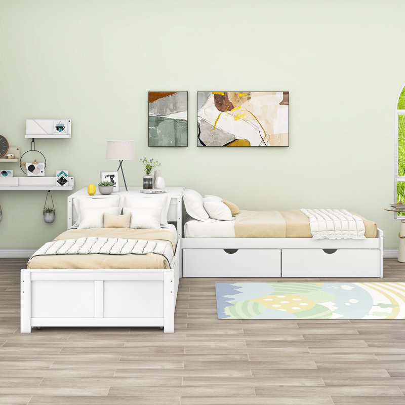 Twin Size 2 Drawers L-shaped Platform Beds with Trundle and Built-in Table, White