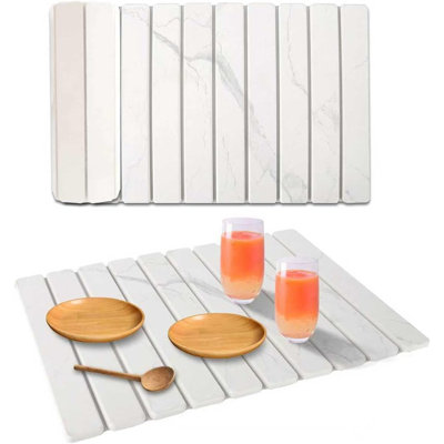 Stone Dish Drying Mat – White Marble – Absorbent, Diatomaceous Earth, Quick-Dry, Countertop Use For Dishes, Bottles & Cups