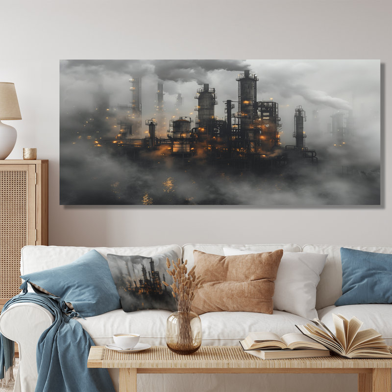 Gris - Fabrication industrielle - Usine, impression d'art mural, H 28 po x l 60 po x P 1,5 po, Toile tendue