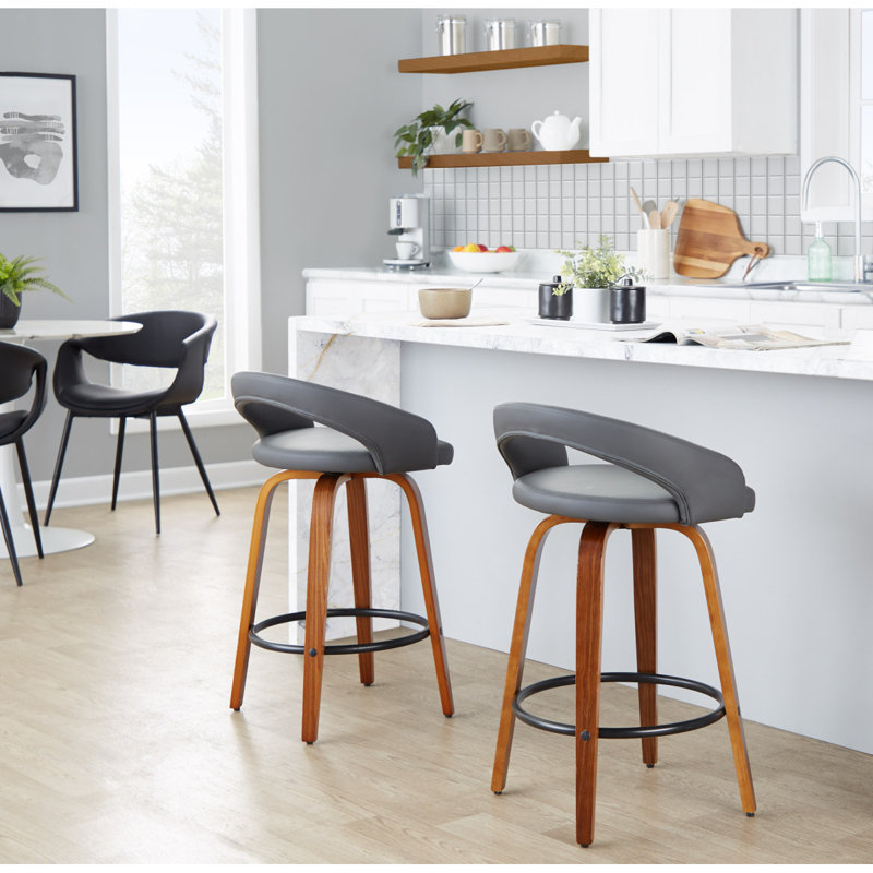 Tabouret de comptoir à hauteur fixe avec pivot en bois de noyer et similicuir gris avec repose-pieds rond en métal noir - ensemble de 2