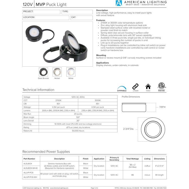 «Lumière de rondelle simple à DEL à intensité variable avec fils de 6 po à DEL de calibre variable, vis de fixation, blanc doux 2700 K, homologué cETLus, 2-3 / 4 po»