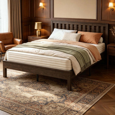 Mid‑Century Modern Wood Platform Bed Frame in Finish, Complete with Matching Headboard and Footboard for Bedroom Furniture(Only Bed Frame)