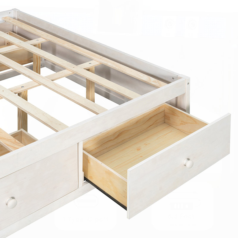 Queen Size Platform Bed Frame with 4 Storage Drawers and Footboard Storage Cubby, No Headboard, Modern Space-Saving Design-White