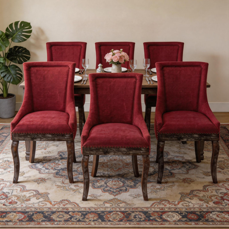 Solid Wood Fabric Upholstered Dining Chairs Kitchen Chairs (Set of 6), Red, 6