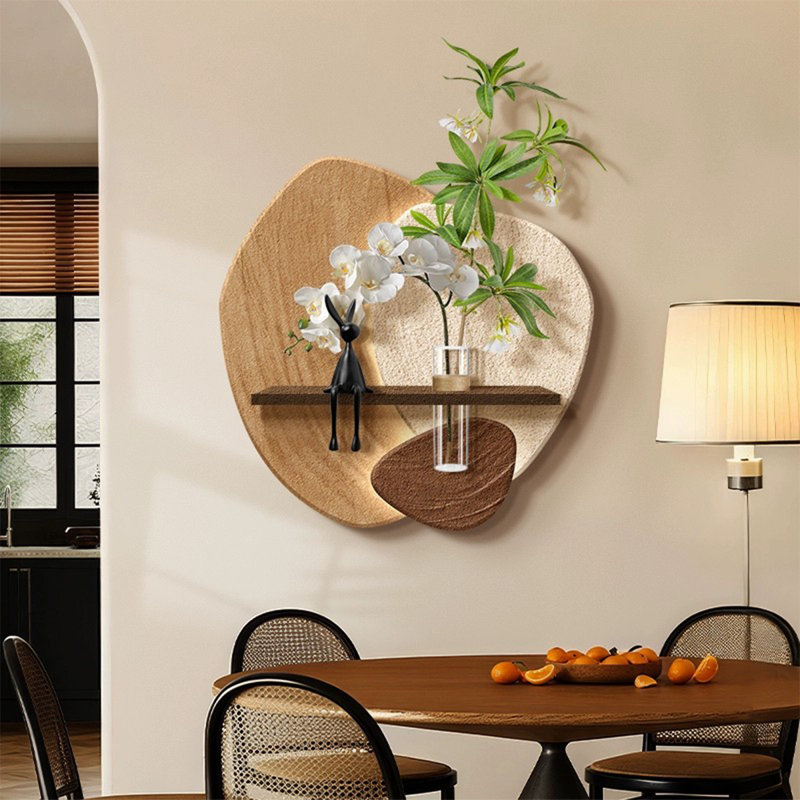 Tablette flottante murale irrégulière en grès avec lumière DEL, support de décoration murale avec vase en verre et plantes vertes artificielles pour le hall d'entrée