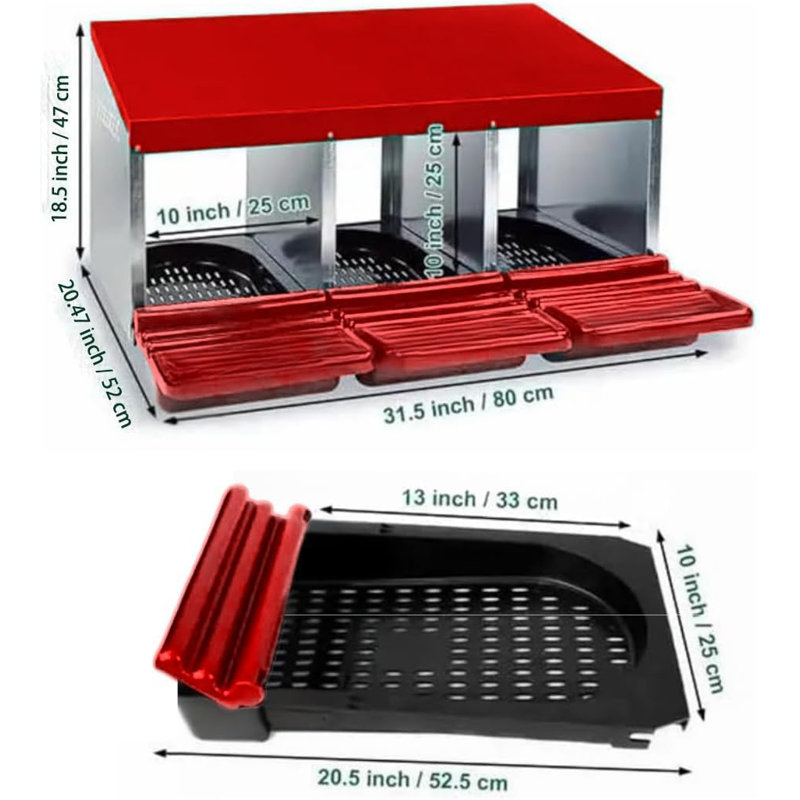 Chicken Nesting Boxes for Chickens, 3 Compartment Metal Roll Out Nesting Box for Chicken Coop,Rollout Egg Collection, Red