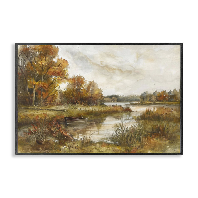 «Fall Scenic River Boat», art de la giclée encadrée par LSR Design Studio, H 16 po x l 24 po, Giclée encadrée noir minuit