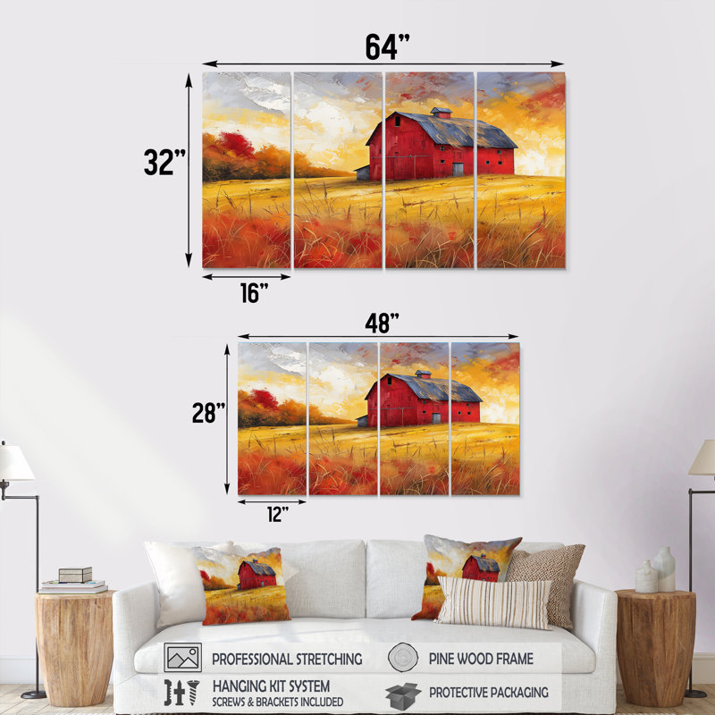 Autumn Red Barn Breeze III - Ensemble de décoration murale grange, H 32 po x l 64 po