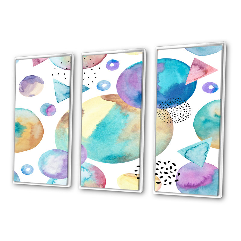 «Retro Triangles, Circles, Polka Dots On White III», ensemble de 3 toiles murales encadrées, H 28 po x l 36 po x P 1 po
