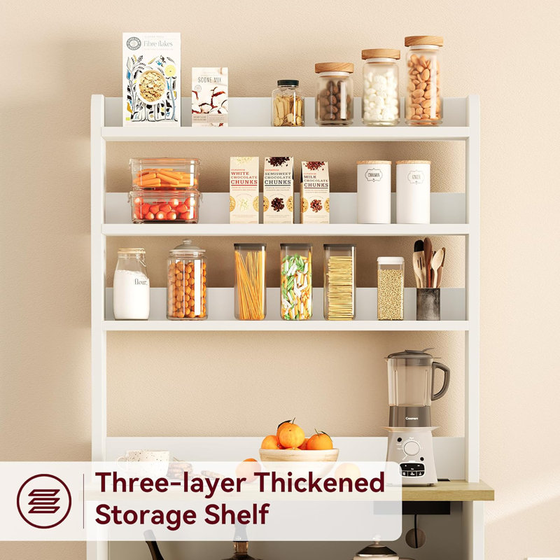 Bakers Rack with Storage, Microwave Oven Stand Pantry Hutch with Door, Tall Versatile Storage Shelf with Thick Tabletop, Coffee Bar for Dining Room