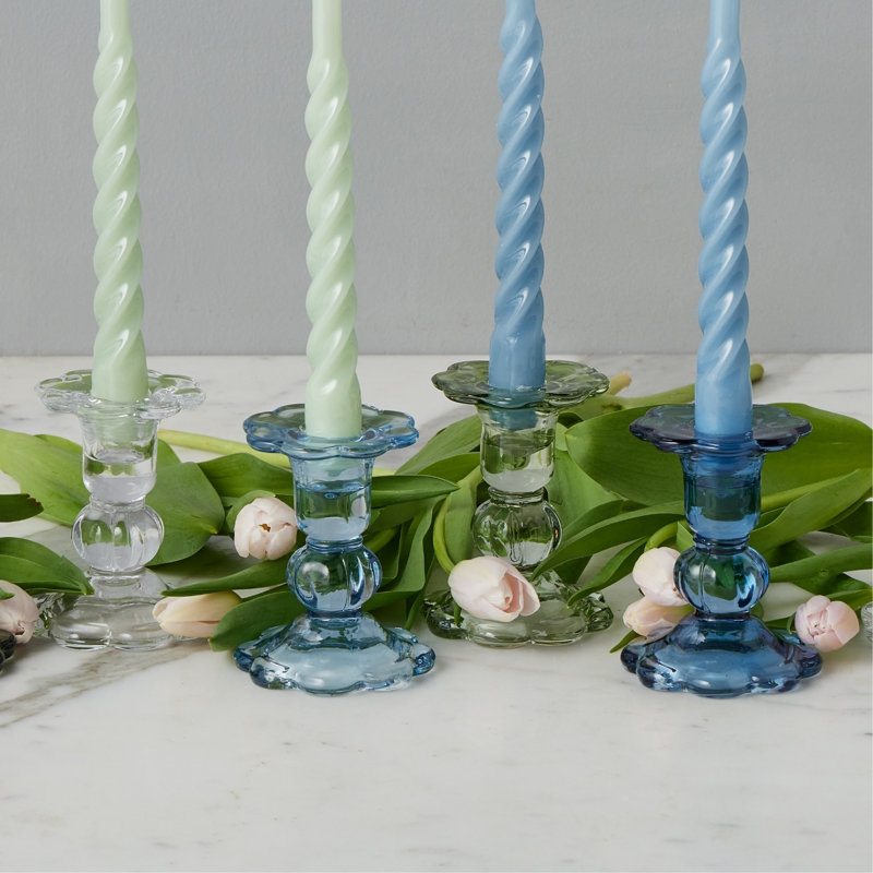 Glass Scalloped Candlesticks, Clear/Sage/Spruce