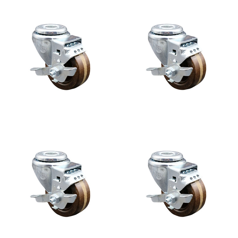 High Temp Phenolic Swivel Bolt Hole Caster Set with Brake