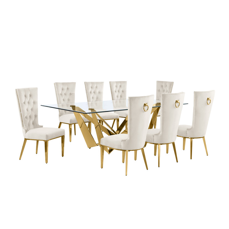 Ensemble de salle à manger rectangulaire L 94 po x l 46 po, Crème / argenté, 9, Argent