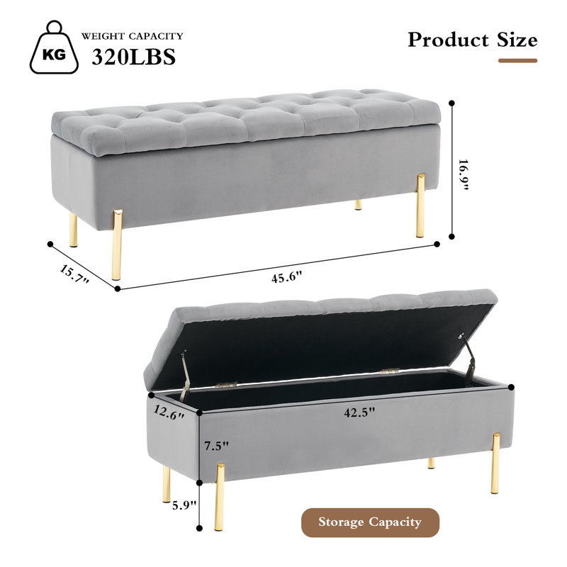 Velvet Storage Bench Ottoman,Versatile Seating With Hidden Storage,End Of Bed Bench,Tufted Bench With Storage, Dark Gray