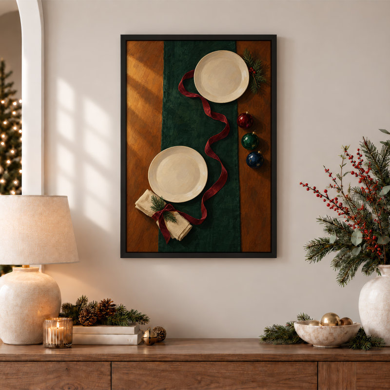 Art de la table avec des plaques blanches et un ruban rouge, H 36 po x l 24 po