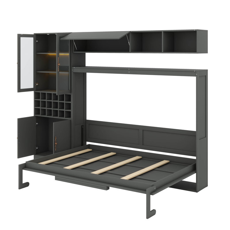 Lit escamotable mural avec canapé intégré, tablettes, ports USB et éclairage, gris, Double