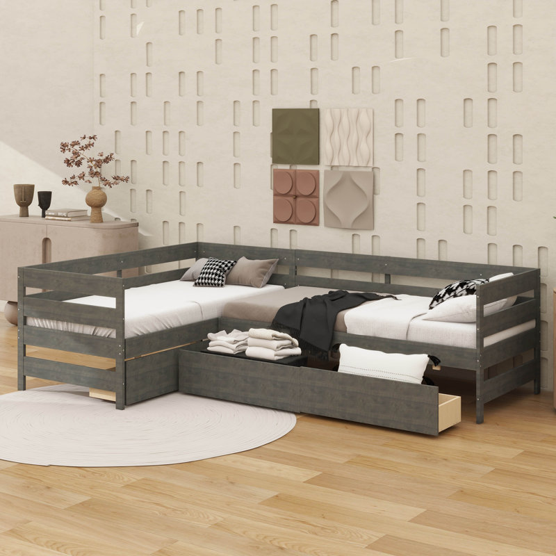 Lit plateforme simple en L avec trois tiroirs de rangement Space Efficient, Gris