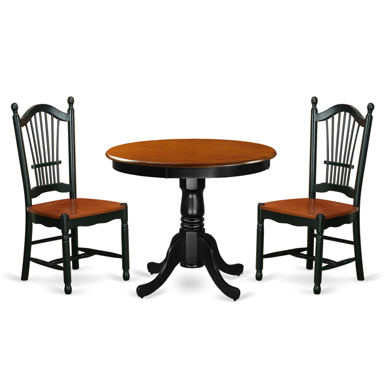 L'ensemble de table de salle à manger 3 pièces comprend une table ronde en bois avec piédestal et 2 chaises de cuisine, noir et cerise